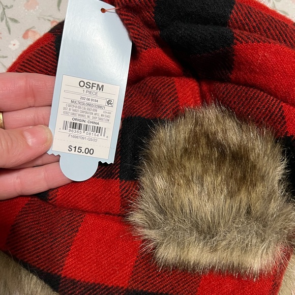 Cat & Jack Red and Black Plaid Kids Hat with Faux Fur - Picture 2 of 4